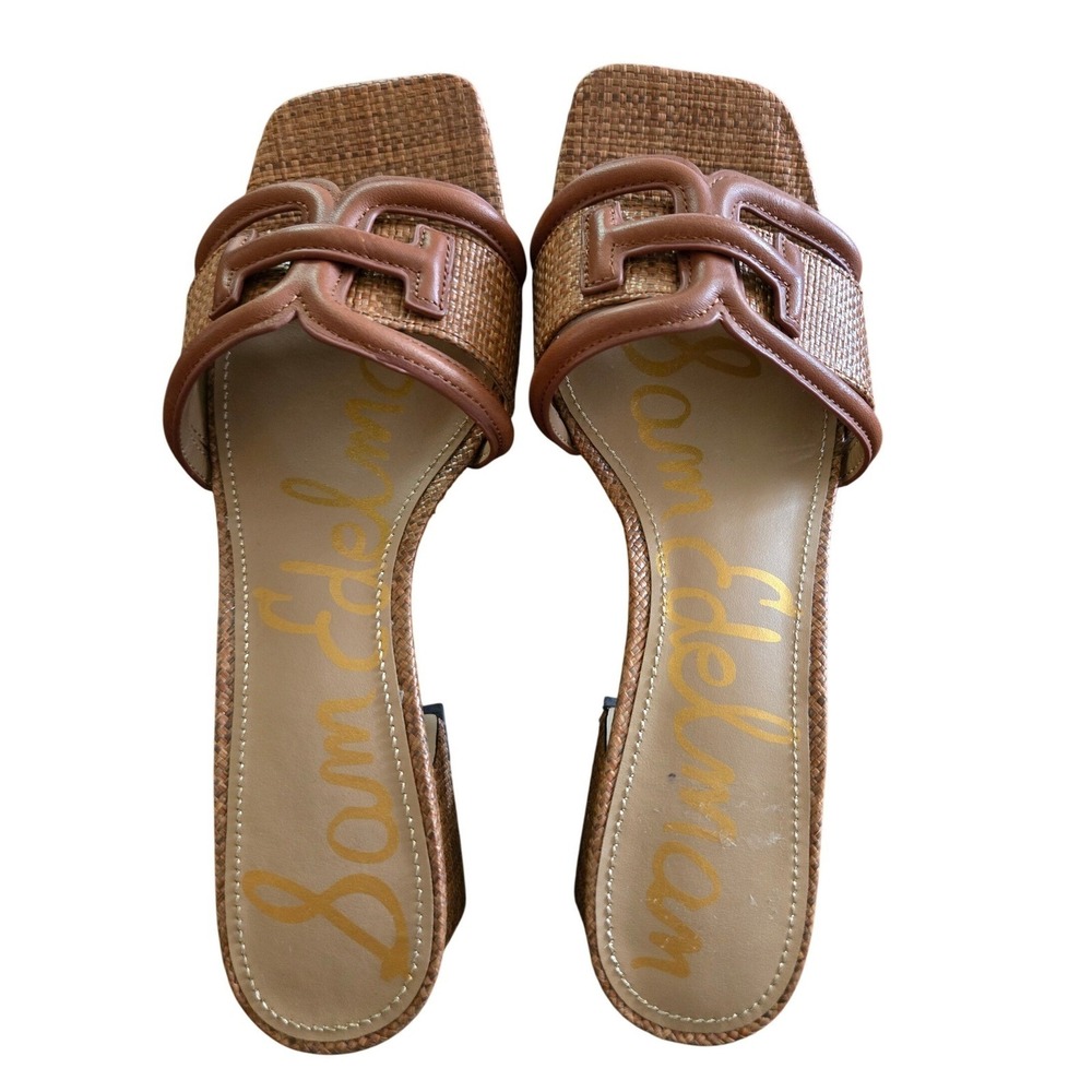 Sam Edelman Briar Mules Size 7.5 Brown New Woven Raffia Block Heel Sandals - Picture 2 of 7